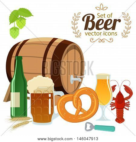 Set of beer glasses bottle and snacks. Vector stock illustration.