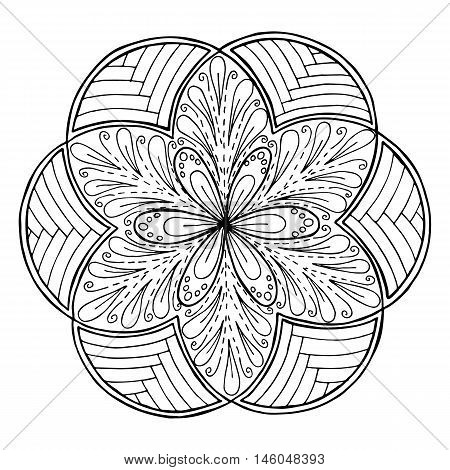 Hand-drawing mandala round floral ornament. Pattern for coloring book or print for cloth. Vector stock illustration.