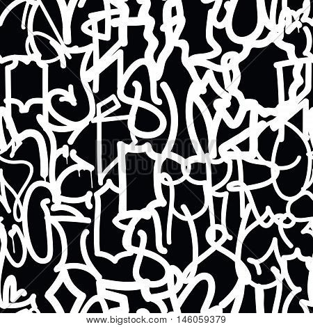 Graffiti background seamless pattern. Vector Tags, writing. Graffiti hand style, old school. Street art texture. Monochrome black and white colors