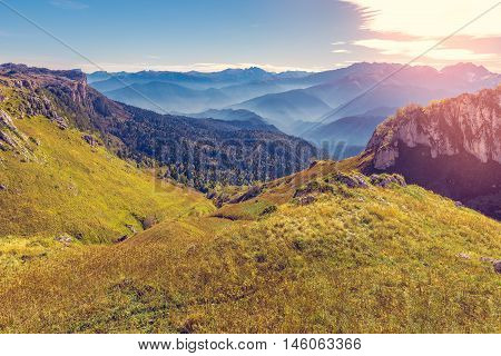 Early autumn morning on the top of the mountain. Caucasus. Russia.