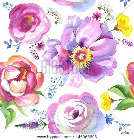 Peony flower pattern in watercolor. Could be used for: background, poster, print, romantic invitation, decoration, similars or pattern.