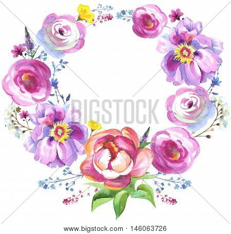 Peony flower necklace in watercolor. Could be used for: background, poster, print, romantic invitation, decoration, similars or pattern.