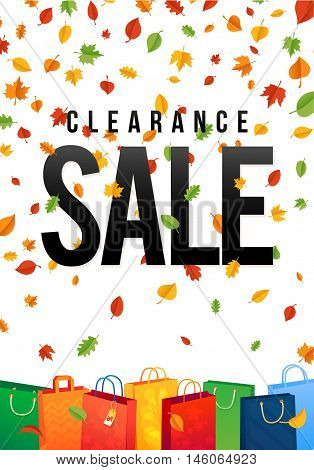 Sale Poster with percent discount. Oak colorful leaf. Illustration of paper shopping bags and lights. Spesial Offer.