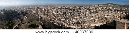 GRANADA, SPAIN - JANUARY 12, 2016: Panorama of El Albayzin district in Granada, Andalusia, Spain, pictured from the Torre de la Vela in the Alacazaba Fortress.
