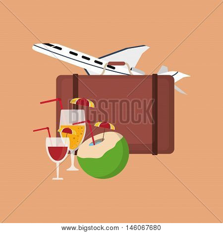 ariplane with suicase and coconut cocktails travel related icons image vector illustration