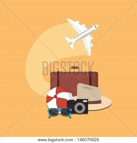 ariplane with suitcase beach ball camera hat and sunglasses travel related icons image vector illustration