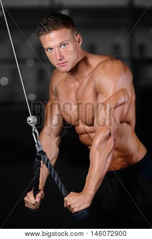 Fitness strength training workout bodybuilding concept background - muscular bodybuilder man doing exercises in gym