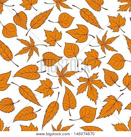 Autumn leaves background with seamless pattern of orange fallen leaves of autumnal trees and plants. Floral decoration and autumn nature themes design