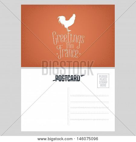 France vector postcard design with French symbol rooster chicken. Template illustration element nonstandard postcard with blank space for address and message stamp and Greetings from France sign