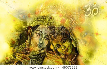 krishna radha couple with sacred symbol, graphic from handpainted original.