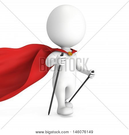 Nordic walking white superhero man with red cloak. 3d render illustration of super hero isolated on white background. Concept of helthcare and fitness small people.