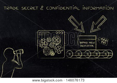 Confidential Prototype & Man Spying On It, Concept Of Trade Secrets