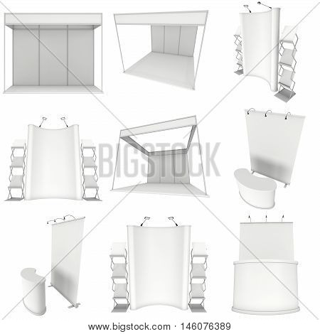 Trade show booth set. Roll-Up Pop-Up with Reception Desk. 3d render isolated on white background. 3d render isolated on white background. Floor Stands Collection. Ad template for your expo design.