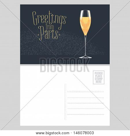 France Paris vector postcard design with glass of French champagne. Template illustration element nonstandard mail postcard with copyspace post office stamp and Greetings from Paris sign