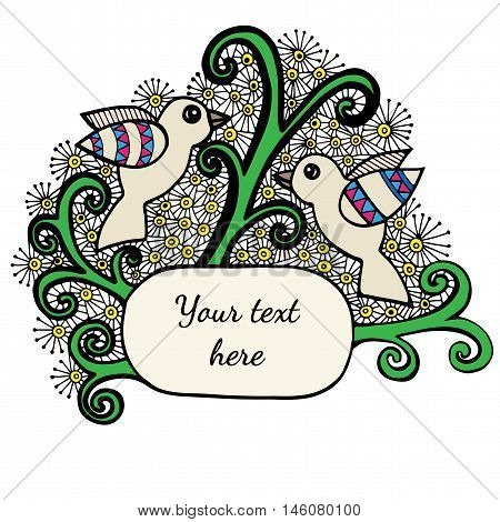 Abstract design with colorful two bird and place for text. Line art element for adult coloring book page design.