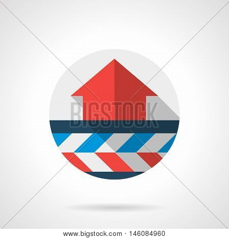 Air heating system scheme. Red up arrow and underfloor pipeline. Modern climatic technology services. Gray round flat vector icon with long shadow.