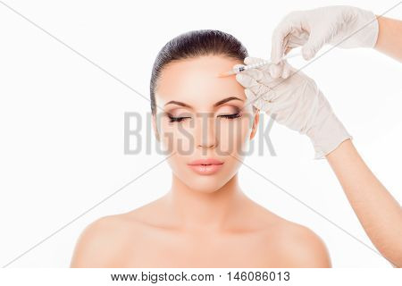 Attractive Young Woman Geting Cosmetic Injection On White Background