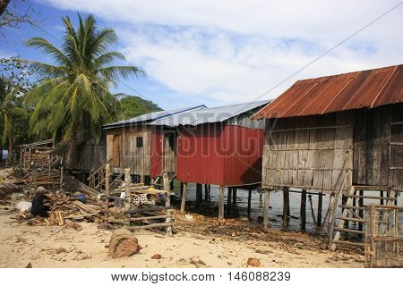 Stilt houses on Koh Rong Samlon island Cambodia Southeast Asia