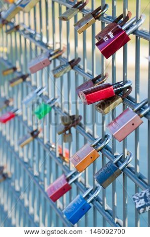 STRASBOURG, FRANCE. 31st August 2016. Sweethearts are beginning to place love padlocks on the Passerelle Mimram, the famous pedestrian bridge linking France and Germany over the Rhine.