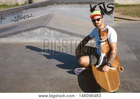 Urban Longboarding In Concrete Skatepark