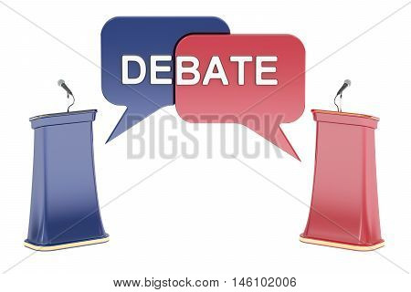 Debate concept with microphones and tribunes 3D rendering isolated on white background
