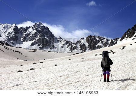 Hiker on snow plateau at spring mountain. Turkey Kachkar (highest part of Pontic Mountains).