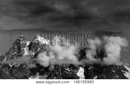 Black And White View On Mt. Ushba In Clouds