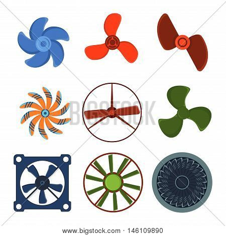 Turbines icons propeller fan rotation technology equipment. Fan blade, wind ventilator propeller fan equipment generator. Vector illustration propeller fan vector electric industrial ventilators.