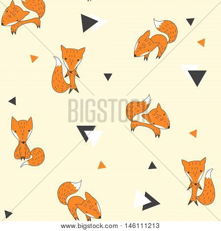 Vector illustration with cute foxes and black and white triangle on a yellow background. Cheerful children's background with wildlife. Good for print textile fabrics wallpaper decoration.