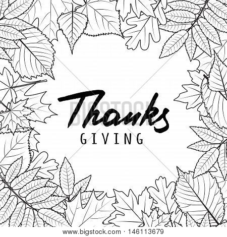 Thanksgiving Holiday Banner With Linear Black And White Autumn Leaves And Calligraphy Lettering.