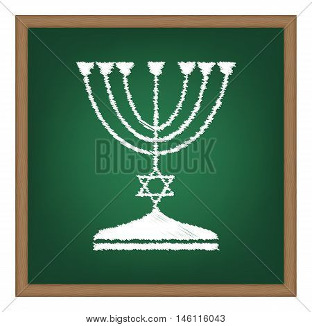 Jewish Menorah Candlestick In Black Silhouette. White Chalk Effect On Green School Board.