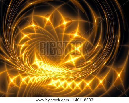 Abstract fractal background - computer-generated image. Modern digital art: bright glowing spiral with sparkles. For desktop wallpaper, web design, covers.