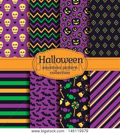 Happy Halloween! Set of seamless backgrounds with bats pumpkins skulls candies and abstract geometric patterns. Vector collection in black yellow orange green and purple colors.