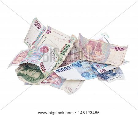 Itexit, italian lira currency bank notes separated on white background