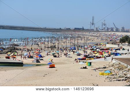 PORTO, PORTUGAL - AUG 22: Beach in Porto, Portugal, as seen on Aug 22, 2016. It is the second largest city in Portugal after Lisbon and one of the major urban areas of the Iberian Peninsula.