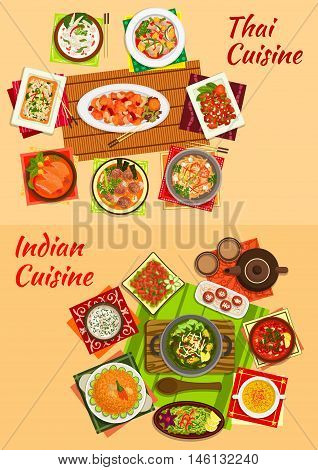 Indian and thai cuisine sign with tomato and meat curries, rice noodles with shrimps, chicken salads, pilaf, sweet pork, nut, meatball and seafood soups, milk balls and fruit salad