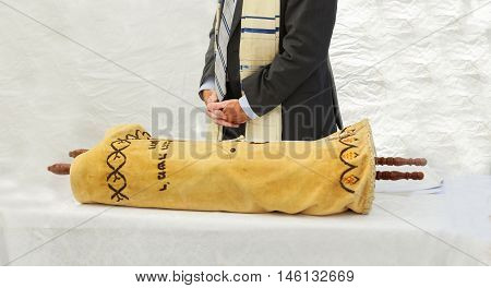 Hand Of Boy Reading The Jewish Torah At Bar Mitzvah 5 September 2016 Usa