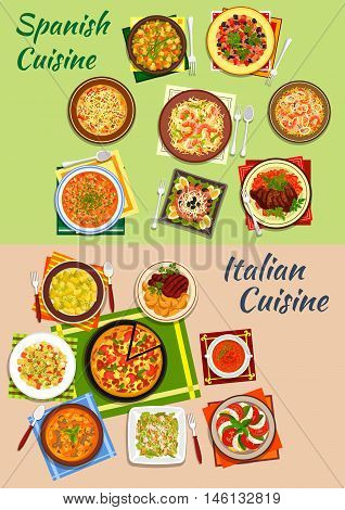 Italian and spanish cuisine pizza and paella icon with pasta, bean and sausage soups, tomato and mozarella salad, seafood noodles, beef steaks, caesar and pasta salads, potato dumplings, tuna salad