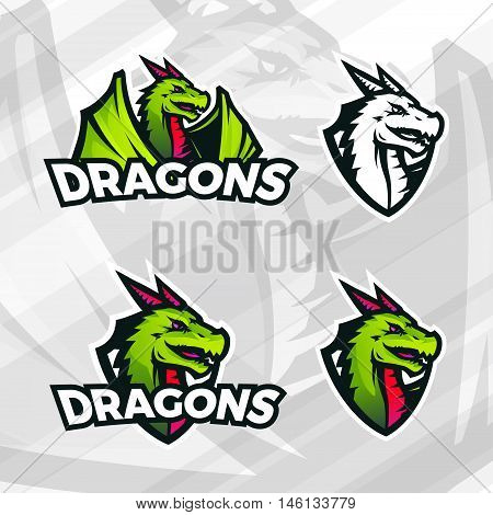 Dragon logo template. Sport mascot design. College league insignia, Asian beast sign, Dragons illustration, School team vector