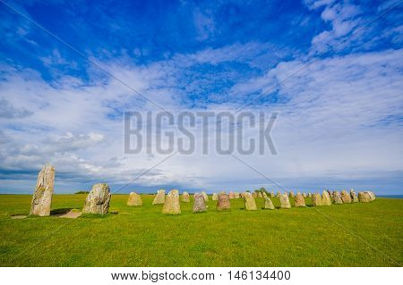 Ales stones, magnificent archaeological megalithic monument in Skane, Sweden