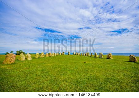 Beautiful view of Ales stones, impressing archaeological megalithic monument in Skane, Sweden