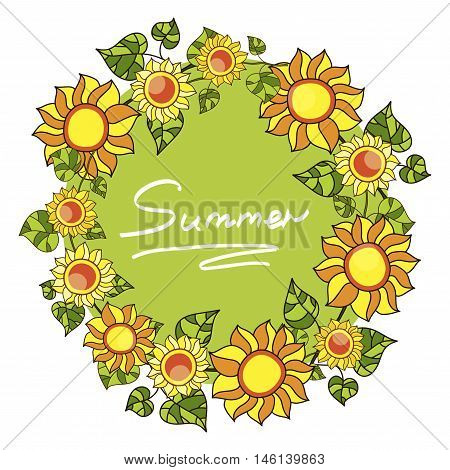 Round frame with Sunflowers and green leaves. Vector illustration, eps-10