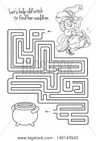 Maze game for kids with witch. Let's help this old witch to find his cauldron. Worksheet for class or at home with the kids.