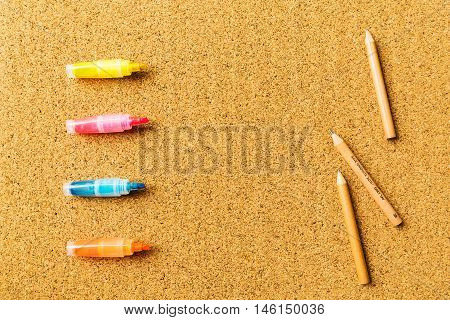 For beautiful background with cork board texture watercolor pen and pencil for business or education