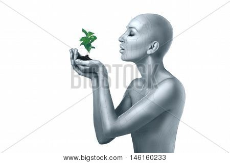 cyber alian woman in the image of land holding plant on white background