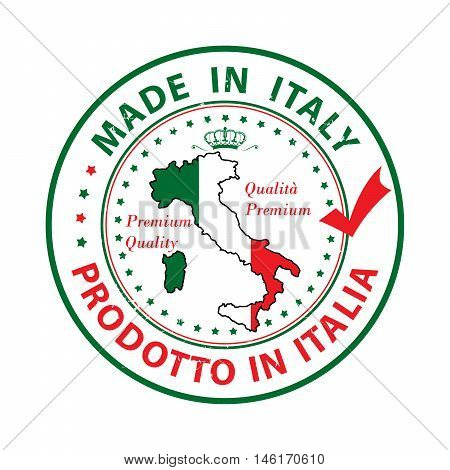 Made in Italy, Premium Quality (text written Italian language - Prodotto in Italia) grunge stamp with the map and the national flag colors. Print colors (CMYK) used