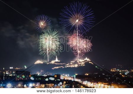 Fireworks celebration festival above Phra Nakhon Khiri in phetchaburi province thailand