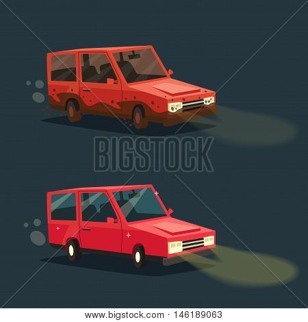 Dirty and clean car. American automobile. Cartoon vector illustration. Dirt and shining clean car isolated. Night road. Race.