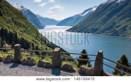 The tili-shift image of scenic landscapes of the northern Norwegian fjords.
