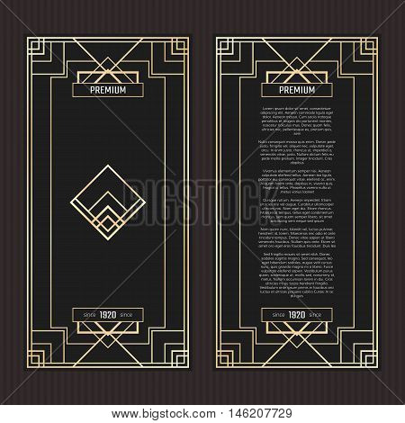 Vector geometric cards in Art Deco style. Premium vector abstract Art Deco design. Premium vector frame in luxury style. Golden menu with emblem.